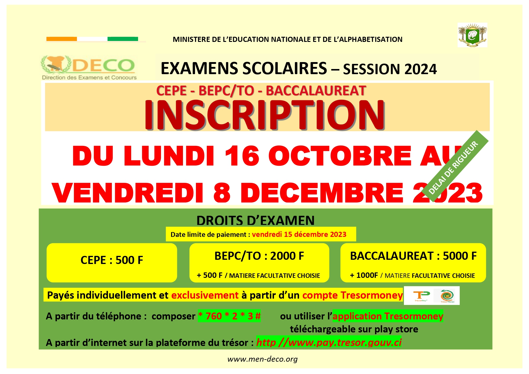 Ouverture des inscriptions aux examens scolaires CEPE, BEPC/TO, BAC